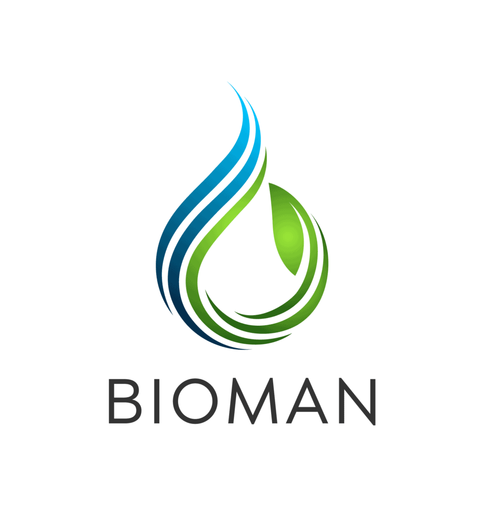 Bioman logo med går og hvid ternet baggrund med tekst
